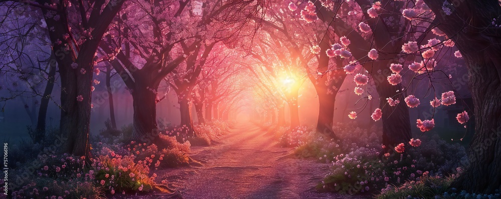 Sakura trees tunnel in early spring with sunset Generative Ai 