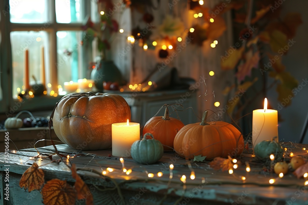 Pumpkins On Rustic Table With Candles And String Lights, Thanksgiving Concept