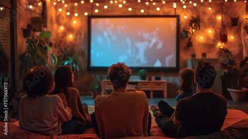 A group of teenagers gathered together to watch a movie in their room, Friends gathered around a big screen TV, Friends Watching Film Together, People watching tv