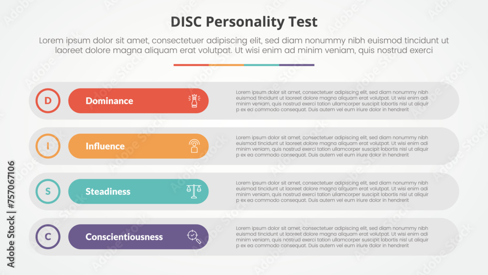 DISC personality test concept for slide presentation with long round rectangle box stack with 4 point list with flat style DISC personality test concept for slide presentation with long round rectangle box stack with 4 point list with flat style