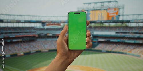 A hand holds a smartphone with a green screen at a baseball stadium