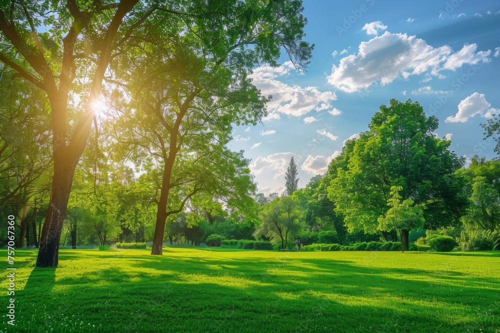 Obraz premium Beautiful bright colorful summer spring landscape with trees in Park, juicy fresh green grass on lawn and sunlight against blue sky with clouds.