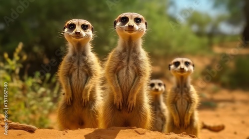 a view meerkats alertly stand in a outdoors near the nest hole