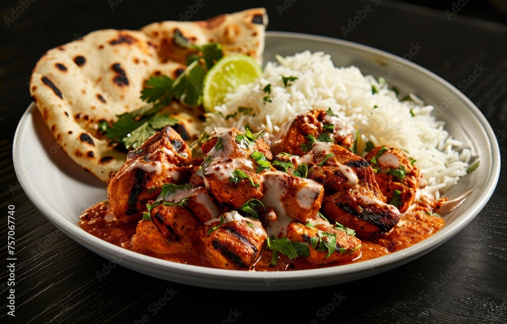 Indian Chicken Tikka Masala Dish with Basmati Rice and Naan Bread - Authentic Indian Cuisine with Grilled Chicken, Creamy Sauce, and Fresh Cilantro Indian Chicken Tikka Masala Dish with Basmati Rice and Naan Bread - Authentic Indian Cuisine with Grilled Chicken, Creamy Sauce, and Fresh Cilantro