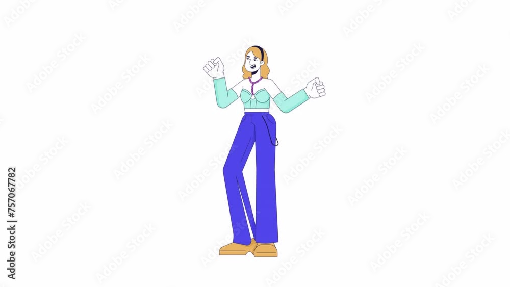 Young white woman dancing line cartoon animation. Discotheque music at party 4K video motion graphic. Female clubber having fun 2D linear animated character isolated on white background Young white woman dancing line cartoon animation. Discotheque music at party 4K video motion graphic. Female clubber having fun 2D linear animated character isolated on white background