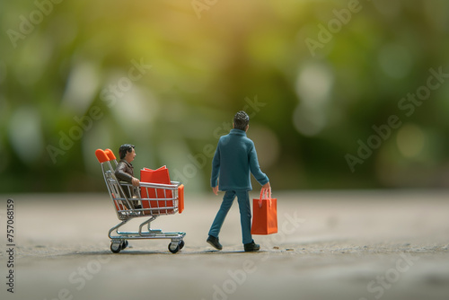 World consumer rights day. March 15. Icon of a customer pushing a shopping cart and a man holding shopping bag, costumers rights