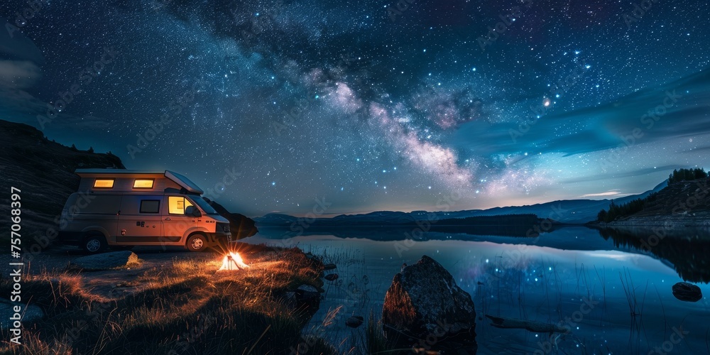 A camper van is parked by a lake at night