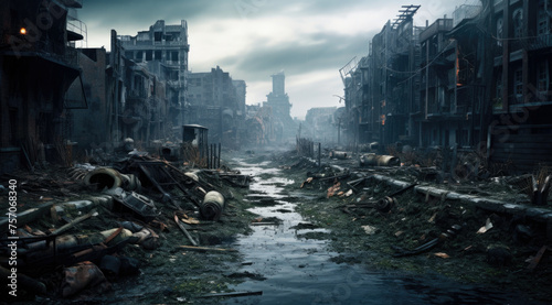 City buildings destructed by earthquake strike. Disaster scene full of debris, dust and crashed buildings.