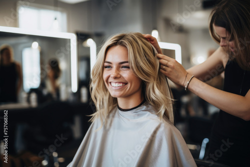 Young female hairdresser fixing hair of gorgeous smiling woman with hairspray. Hairdress and beauty concept