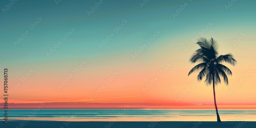 A palm tree is standing on a beach at sunset