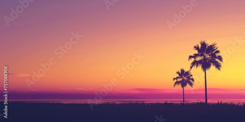 A beautiful sunset over a beach with palm trees in the background