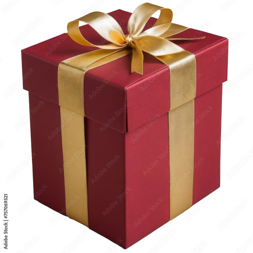 An elegant gift box wrapped in a rich, red textured paper with a glossy finish, adorned with a luxurious gold satin ribbon and a perfectly tied bow on top. An elegant gift box wrapped in a rich, red textured paper with a glossy finish, adorned with a luxurious gold satin ribbon and a perfectly tied bow on top.