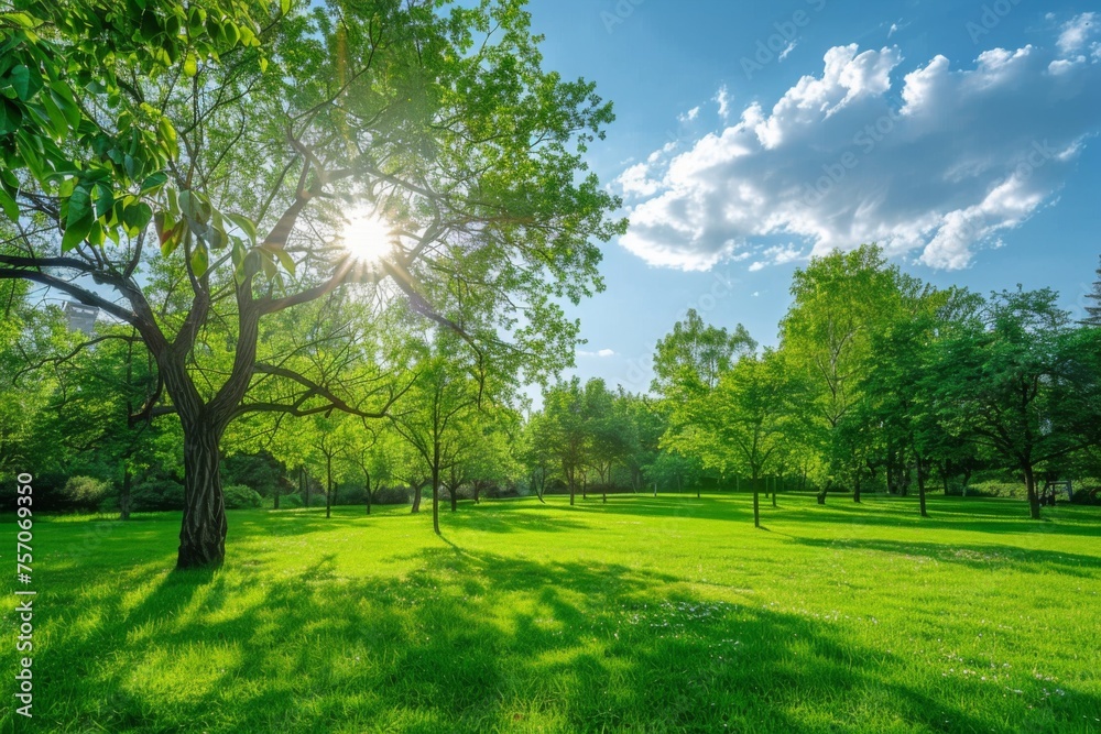 Beautiful bright colorful summer spring landscape with trees in Park, juicy fresh green grass on lawn and sunlight against blue sky with clouds.