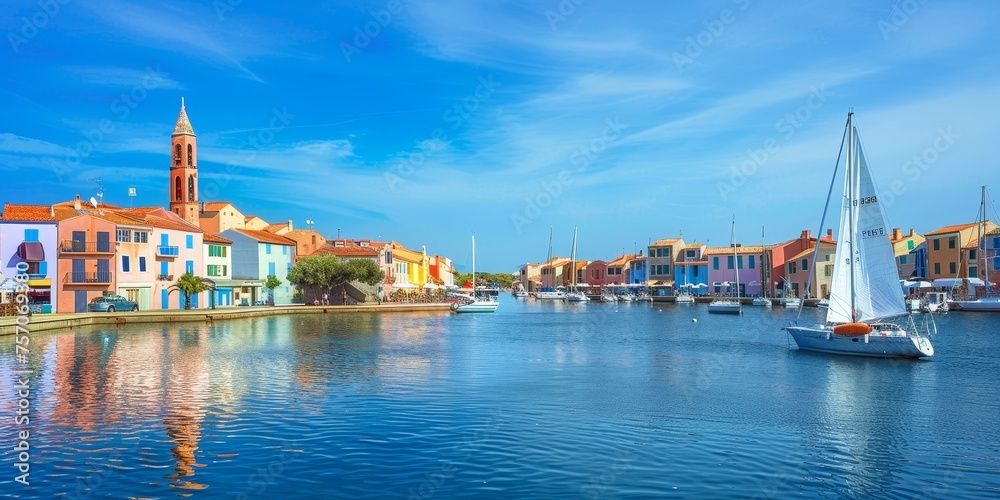 A sailboat is sailing in a harbor with colorful buildings in the background