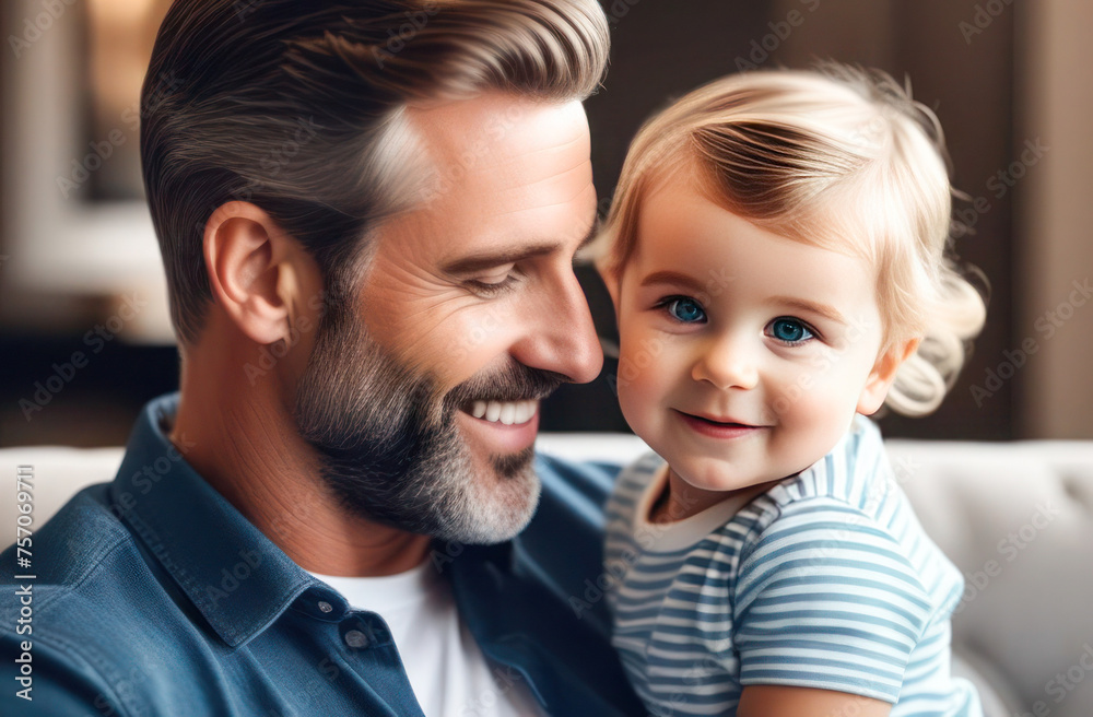 Happy Fathers Day. Handsome Father and his son smile and hug. Family vacation and unity. Place for text and your advertising. Happy Fathers Day. Handsome Father and his son smile and hug. Family vacation and unity. Place for text and your advertising.