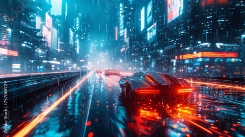 Futuristic cityscape with flying cars and sleek skyscrapers under neon lights