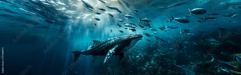 Naklejka premium Whale in the sea surrounded by fish and coral. Generative AI