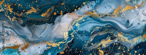 Abstract background with paint splashes and golden lines. Blue colored.