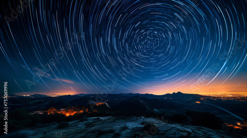 Starry night sky time-lapse over mountainous landscape with glowing city lights