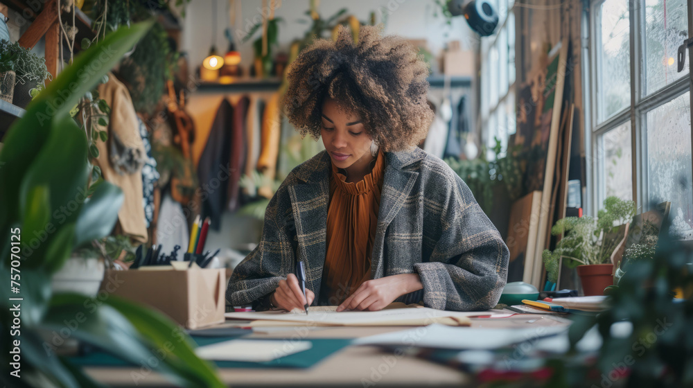 Fashion designer creating sustainable clothing in a bright studio Fashion designer creating sustainable clothing in a bright studio