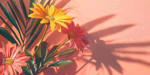 A close up of a bouquet of flowers with a pink background