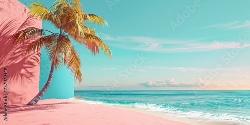 A palm tree is on a beach with a pink wall in the background