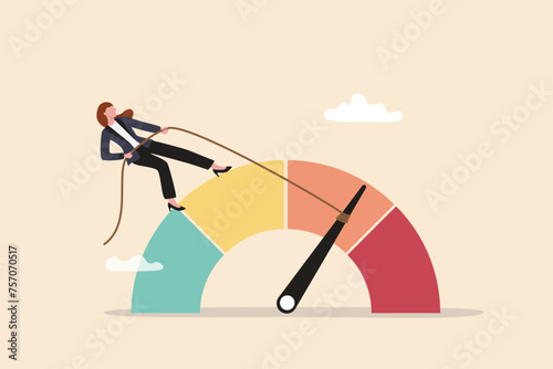 Reduce risk level or decrease stress anxiety meter, lower danger indicator or scale, reduce from red alert meter to be green chart concept, businesswoman pull meter to reduce risk or stress level. © Nuthawut