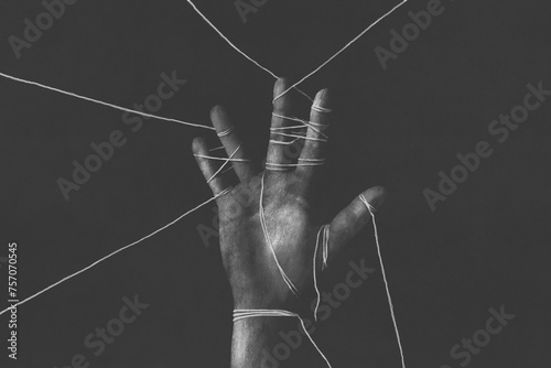 Illustration of a black tied hand, surreal abstract minimal concept photo