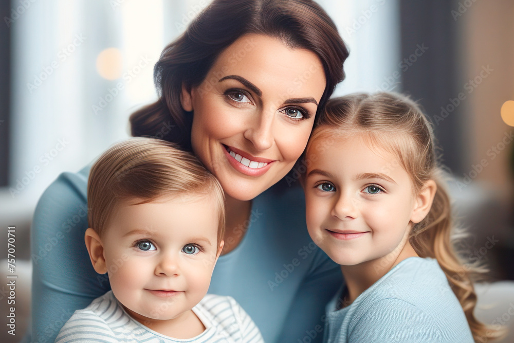 Happy Mother's Day. Mom and her kids smile and hug. Family vacation and unity. The Joy and Tenderness of Motherhood. Happy Mother's Day. Mom and her kids smile and hug. Family vacation and unity. The Joy and Tenderness of Motherhood.