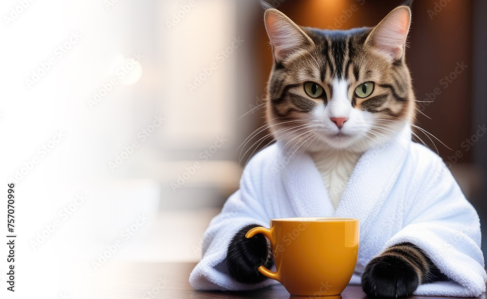 A cat in a bathrobe with a cup of coffee