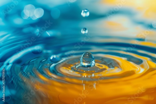 Beautiful clean transparent bright drop of water on smooth surface in blue and yellow colors  macro. Creative image of beauty of environment and nature.