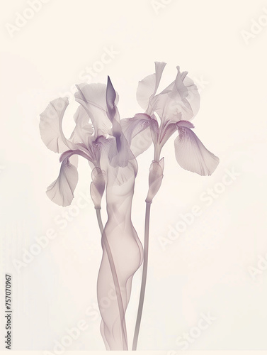 Ethereal Glow of the Iris: Iris blooming, bathed in soft light, exudes serenity and grace against a muted pure backdrop. A striking X-ray image, minimalist form and light photo