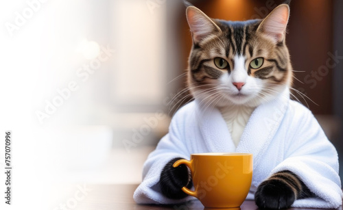 A cat in a bathrobe with a cup of coffee