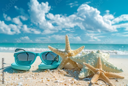 Beautiful colorful background for summer beach holiday. Sunglasses, starfish, turquoise flip-flops on sandy tropical beach against blue sky with clouds on bright sunny day. © Straxer