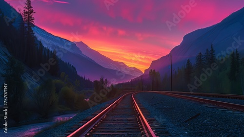 In the valleys where the train tracks pass through, the silhouettes of surrounding mountains create incredible vistas during sunrise and sunset, with the contrasting colors between the colorful sky  #757071147