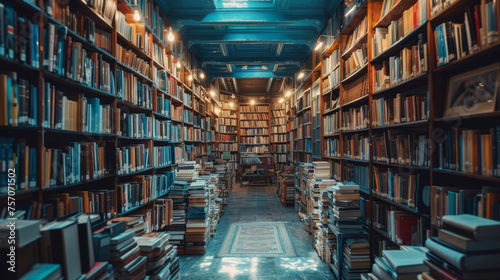 Vintage bookstore interior with rows of wooden shelves filled with old books in a city