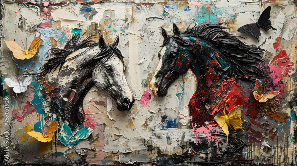 Vibrant abstract painting of two horses with butterflies on textured canvas - obrazy, fototapety, plakaty 