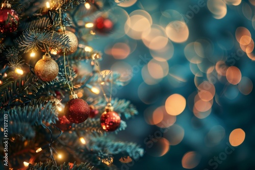 Beautiful Christmas defocused blurred background with Christmas tree lights in the evening.