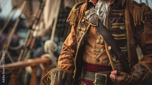 A close up of a person embodying a pirate, complete with costume and intense vibe