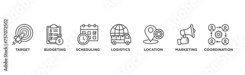 Event management banner web icon vector illustration concept with icon of target, budgeting, scheduling, logistics, location, marketing, and coordination