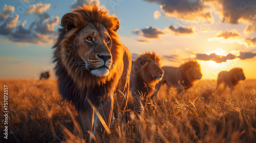 Lions standing in the savanna with setting sun shining. Group of wild animals in nature. © linda_vostrovska