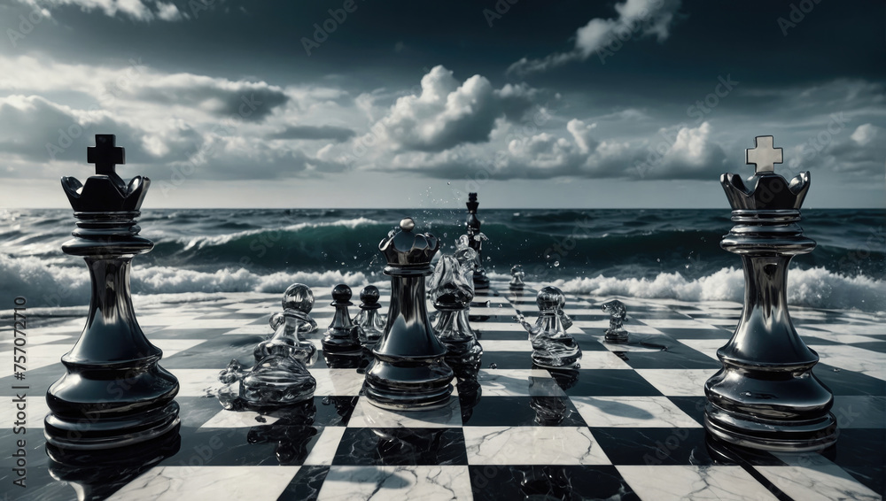 chess pawns placed on the chessboard under the surface of the sea in a landscape with cloudy sky and stormy sea