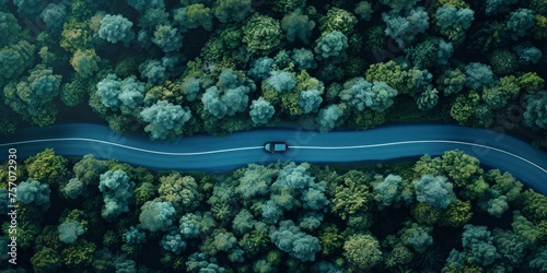 Aerial view of a car journeying through a lush forest © Meow Creations