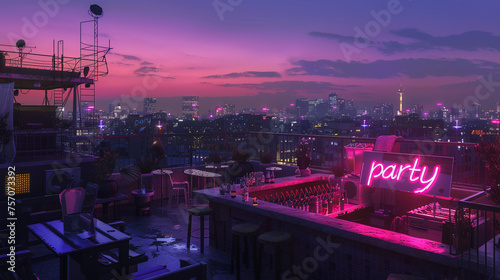 An urban rooftop scene at dusk, 