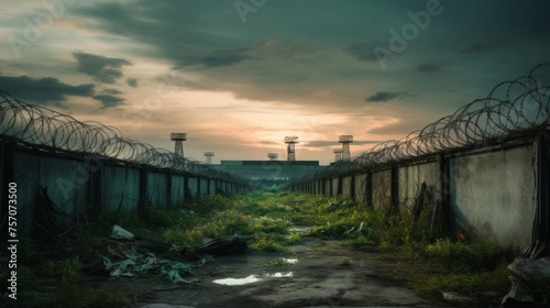 Border with barbed wire, high security fence, and armed guards protecting the perimeter