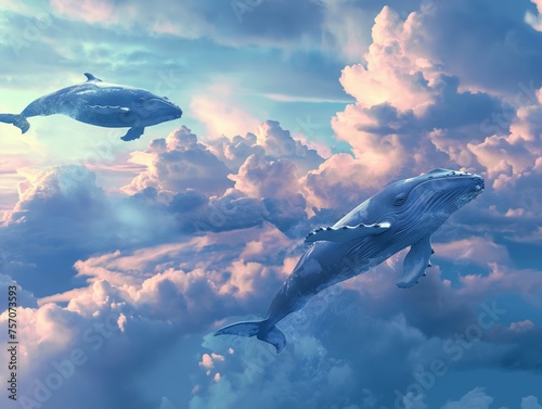 Whales soaring through a cloudy sky with a dreamy ambiance.