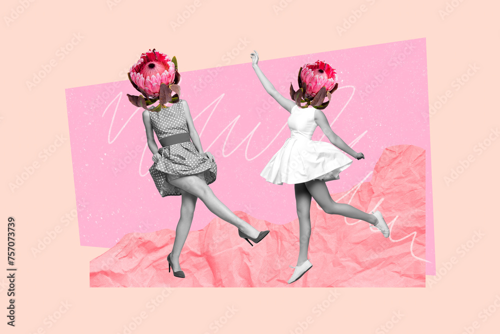 Trend artwork sketch composite 3D photo collage of two young dancer lady headless protea flower intead 8 march spring season celebration