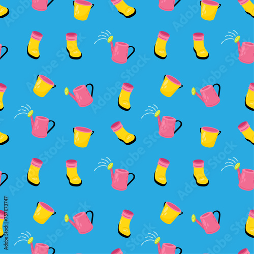 Gardening seamless pattern with rubber boots and watering can