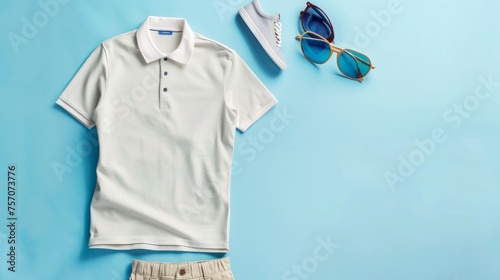 A white polo shirt, sunglasses, and white sneakers resting side by side on a blue surface