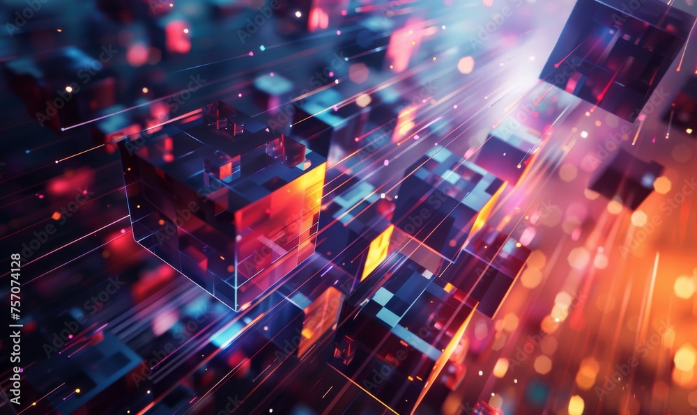 Abstract geometric background with futuristic technology cubes. Glowing cubes on dark background, blockchain concept.